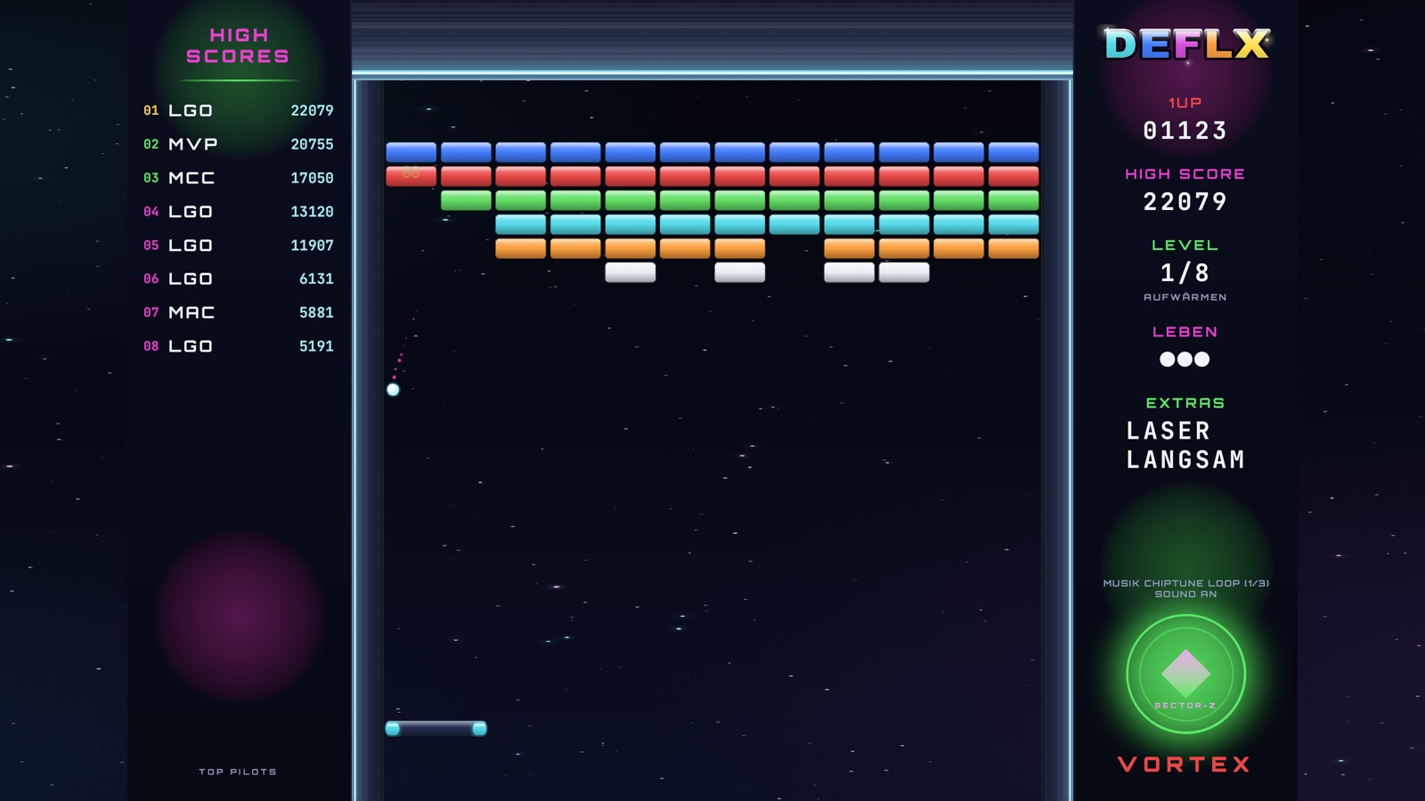 Laufende Runde mit den Power-ups Laser und Zeitlupe im HUD